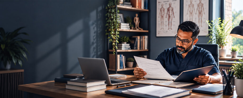 Focused Clinician Reviewing Documents